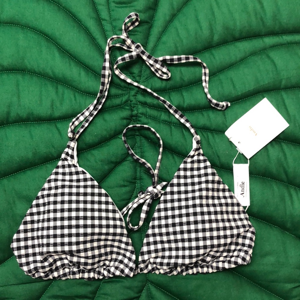 NWT Andie Swim the string top black/white plaid checkered triangle bikini top.